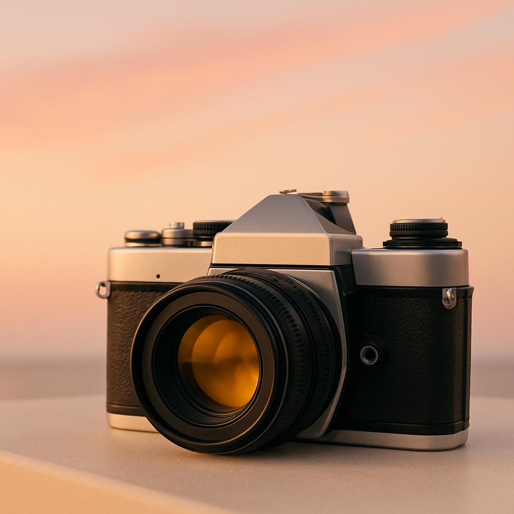 Cliché d'un appareil photographique photographié avec une belle couleur de grenader au fond au crépuscule.